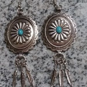 SOUTHWESTERN CONCHO FEATHERS N TURQUOISE EARRINGS